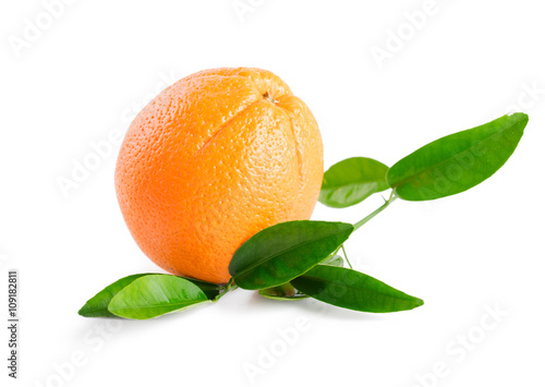 Orange with leaves isolated on white background