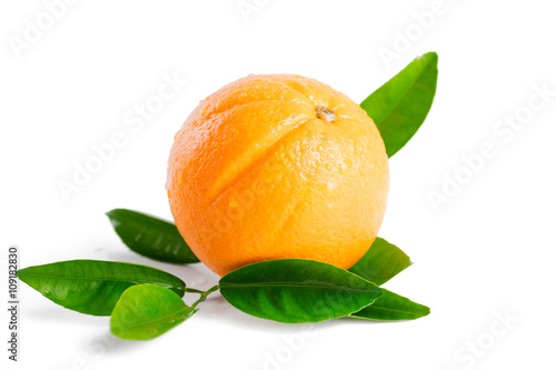 Orange with leaves isolated on white background