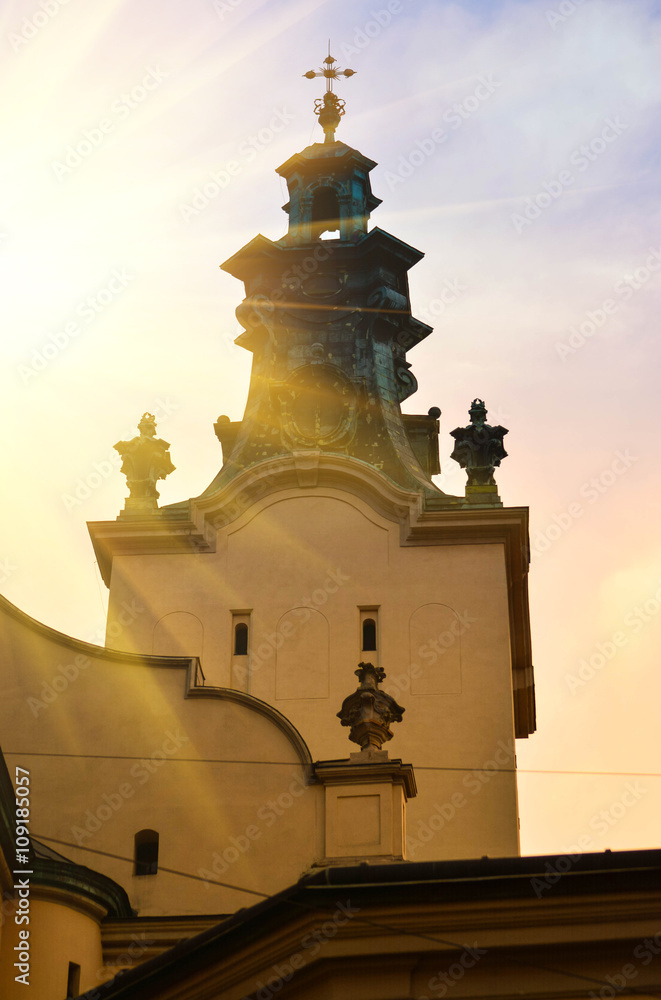 Twilight view of medieval Lviv city, Ukraine. Sunset cityscape. Latin Cathedral, the main catholic church of Lviv