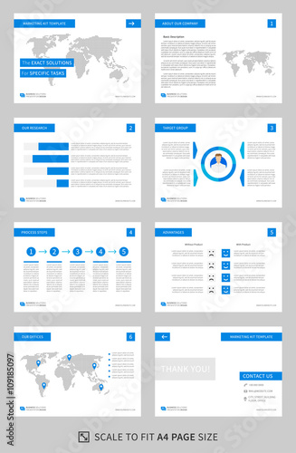 Marketing kit presentation vector template. Modern business presentation graphic design. Power point layout with diagrams and charts. Marketing kit visualization template. Easy to use, edit and print.