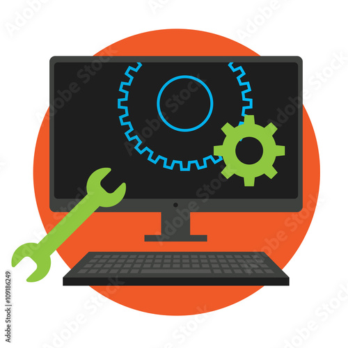 Big Data Security Maintenance and Tech Icon with Wrench and Gear Tools for Technician to Use when Scanning Systems - Internet or Information Technology Repairs