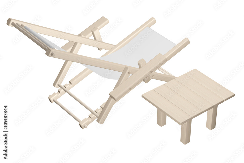 Wooden beach deck chair and table isolated on white background. Wooden beach deck chair and table isolated on white background.