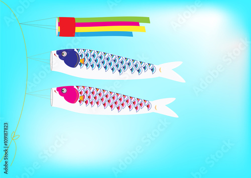 Couple Koi Flag hanging on a line in blue sky background, Vector Illustration. 