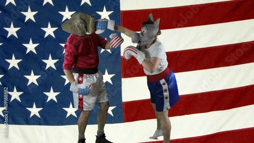 Woman in donkey Democrat mask wearing boxing shorts delivering a knock-out punch to a man wearing a GOP elephant mask against American Flag. photo