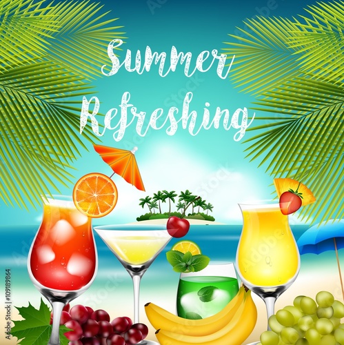 Summer holidays with palm tree, cocktails and fruits 