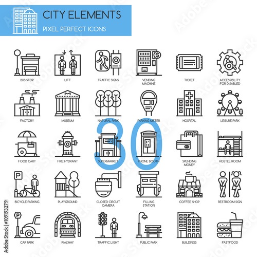 City Elements , thin line icons set