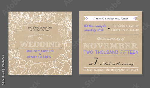 Floral wedding invitation card on craft paper