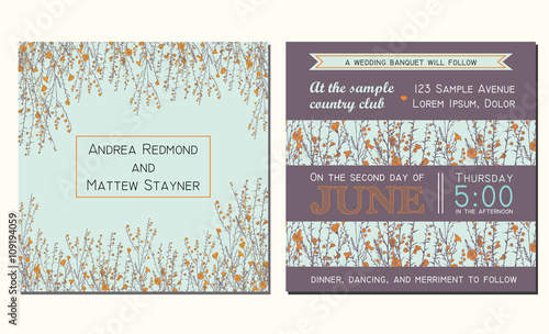 Wedding invitation card with floral background and decorated with hand drawn branch of flax
