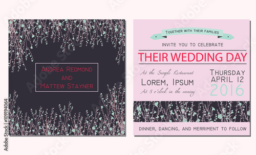 Wedding invitation card with floral background and decorated wit