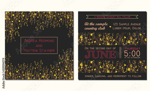 Wedding invitation card with floral background and decorated with hand drawn branch of flax