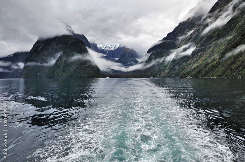 Boat wake at Milford sound in New Zealand