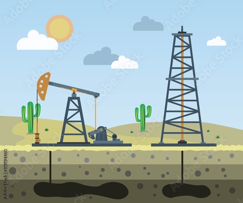 Oil field on the background of the desert. Vector illustration.