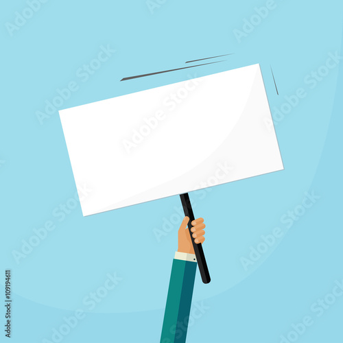 Hand holding sign placard blank empty copy space for text white, business man person swinging board signboard handle vector illustration design isolated on blue background