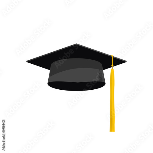 Graduation hat cap vector illustration, graduation hat icon, academy hat symbol flat simple cartoon design with shadow and yellow tassel isolated on white background