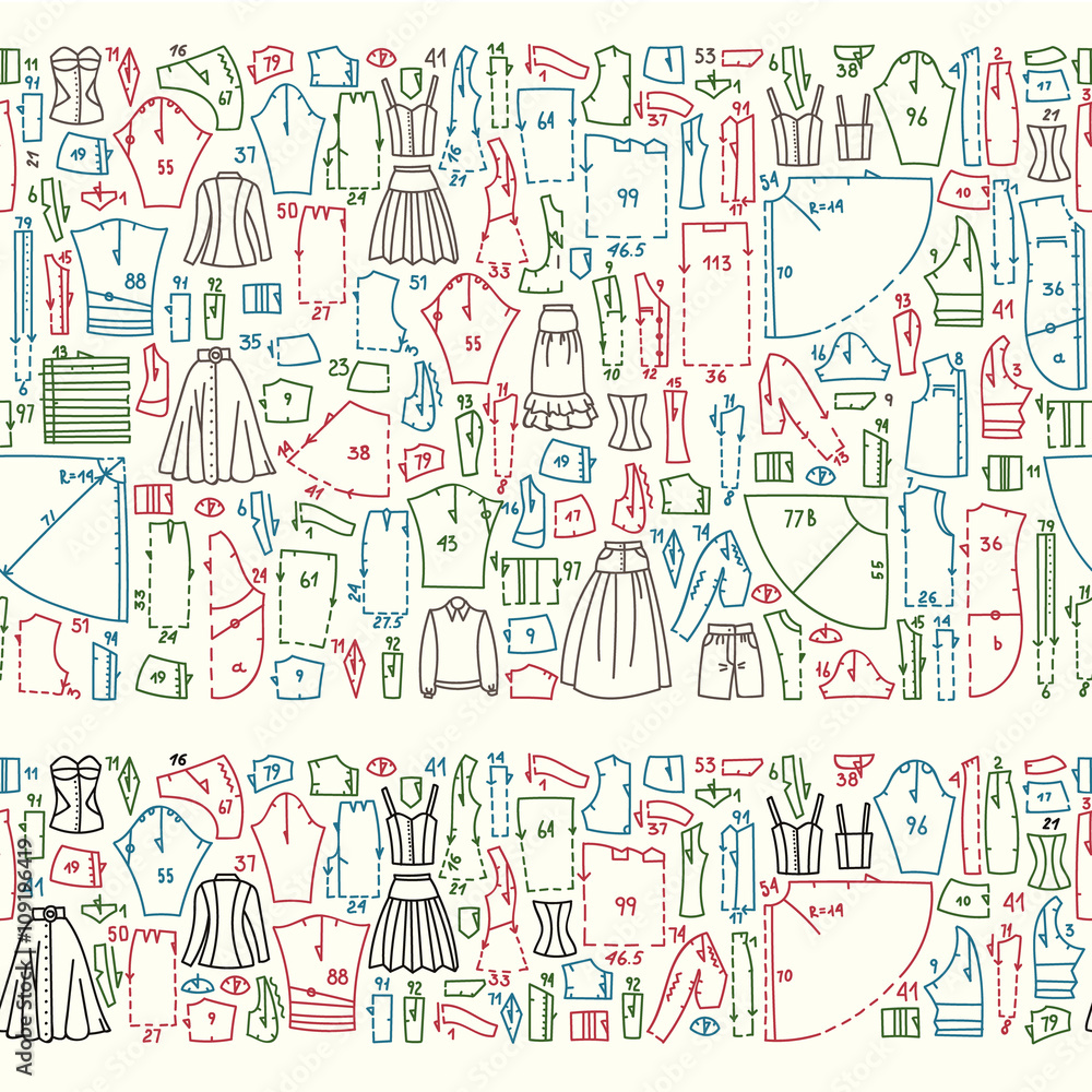 Fototapeta premium Seamless hand drawn doodle borders with clothes and sewing patterns. Good for different templates, scrapbooking, package and wrapping paper, etc