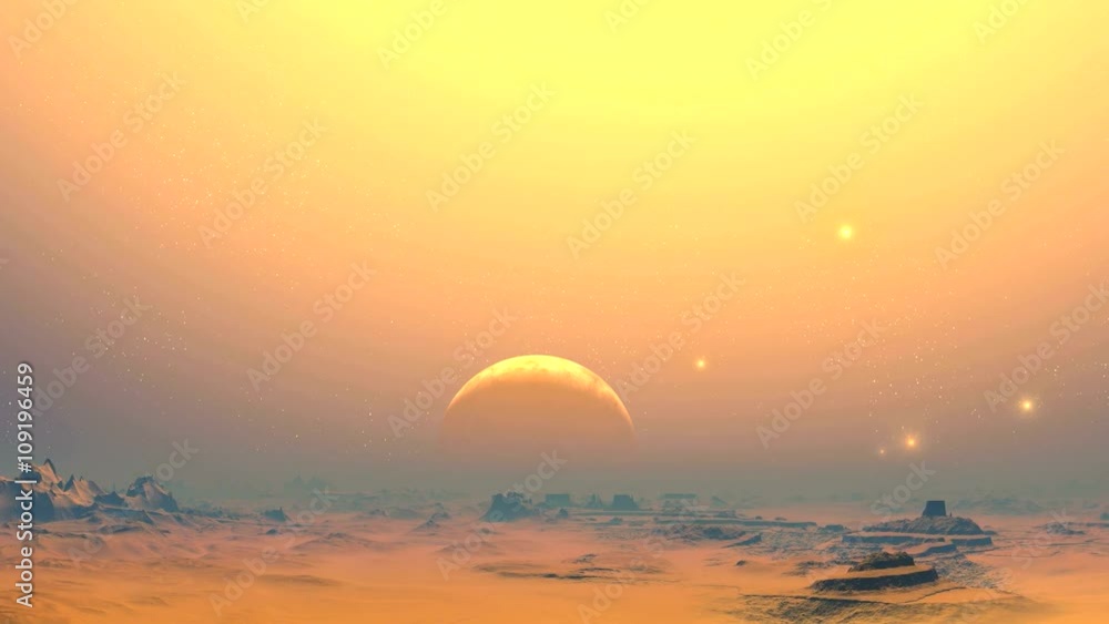 The desert planet of aliens. Desert landscape, rocks and sand. Over the hazy horizon planet (moon) in the halo of bright yellow light pouring from the sky. The desert planet of aliens. Desert landscape, rocks and sand. Over the hazy horizon planet (moon) in the halo of bright yellow light pouring from the sky.