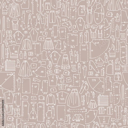 Seamless hand drawn doodle pattern with clothes and sewing patterns. Good for different templates  scrapbooking  package and wrapping paper  etc