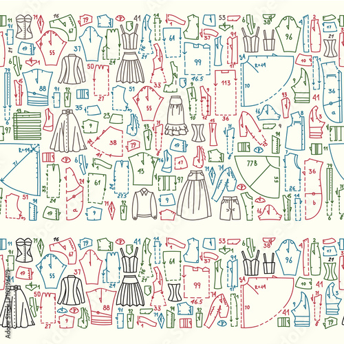 Seamless hand drawn doodle borders with clothes and sewing patterns. Good for different templates, scrapbooking, package and wrapping paper, etc