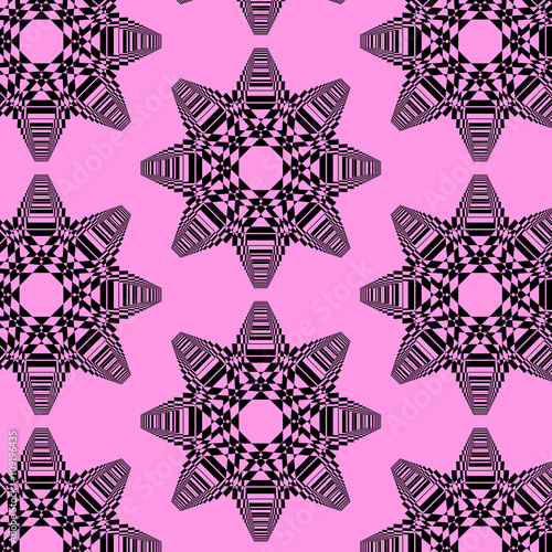 Black abstract intricate shapes in pink background. Vector modern repeating pattern