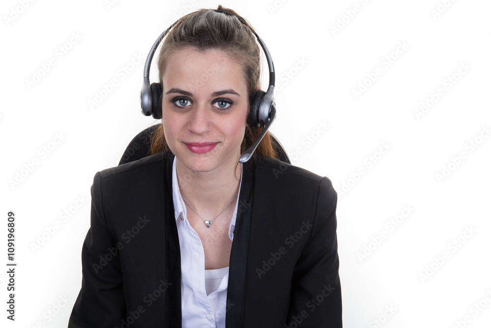 Portrait of happy smiling cheerful support phone operator in headset Portrait of happy smiling cheerful support phone operator in headset