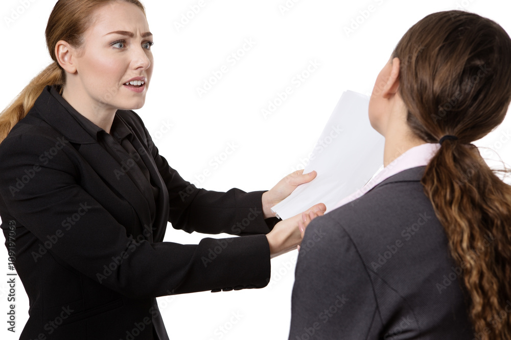 Businesswomen discussing paperwork