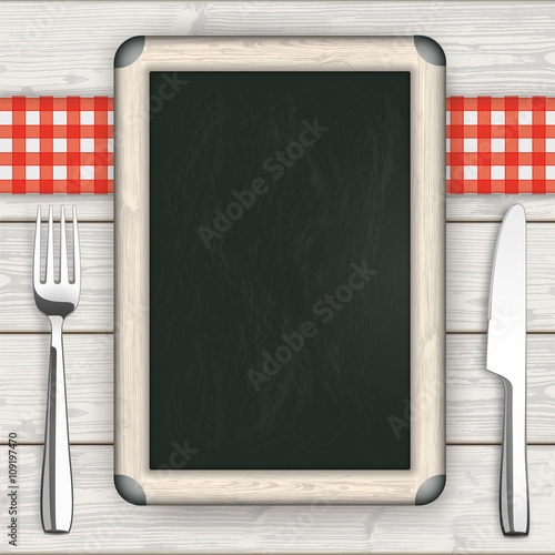 Wood Red Checked Cloth Knife Fork Blackboard