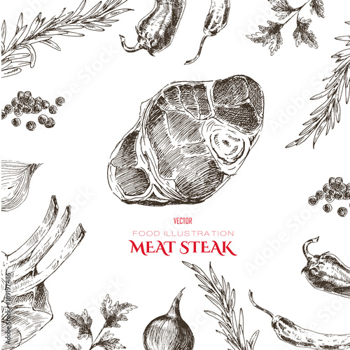 vector meat steak sketch drawing designer template. food hand-drawn backdrop for corporate identity