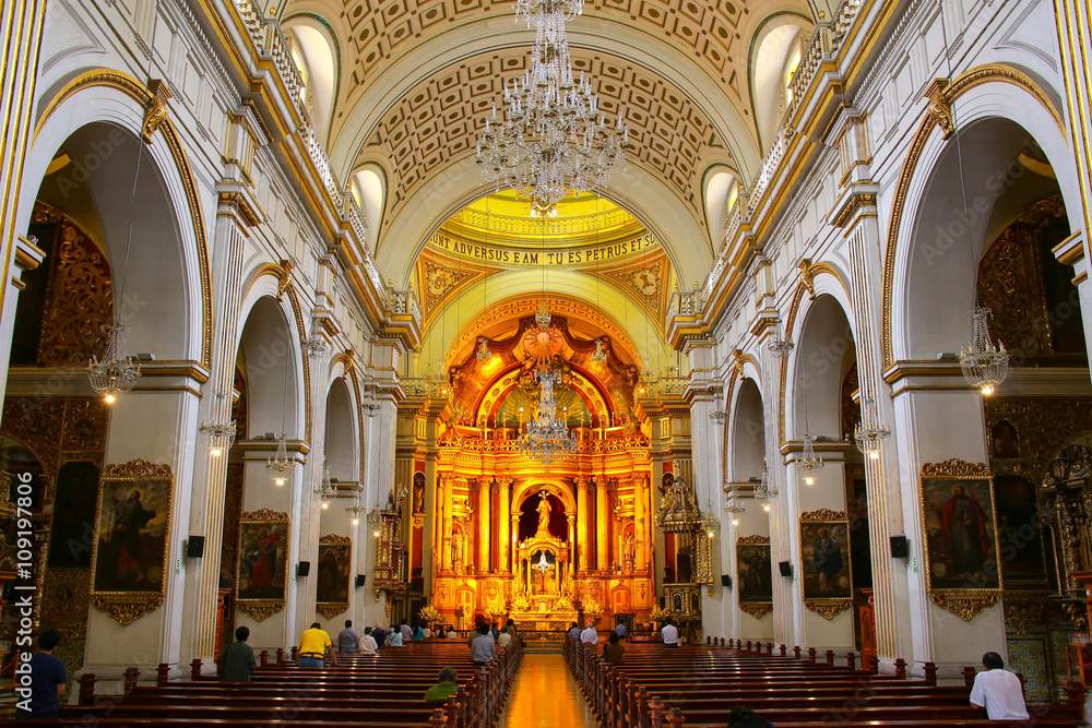 Interior of Saint Peter Church in Lima, Peru