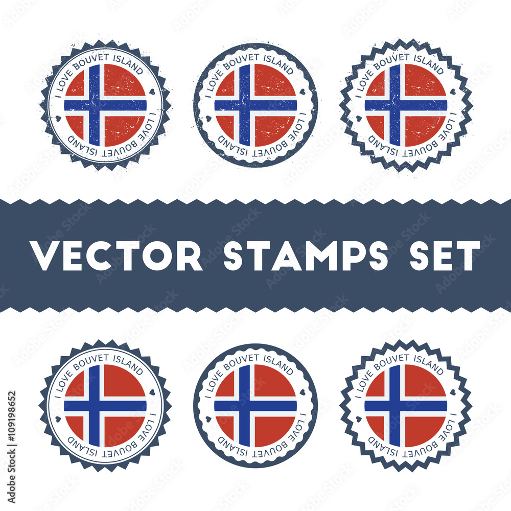 I Love Bouvet Island vector stamps set. Retro patriotic country flag badges. National flags vintage round signs. I Love Bouvet Island vector stamps set. Retro patriotic country flag badges. National flags vintage round signs.
