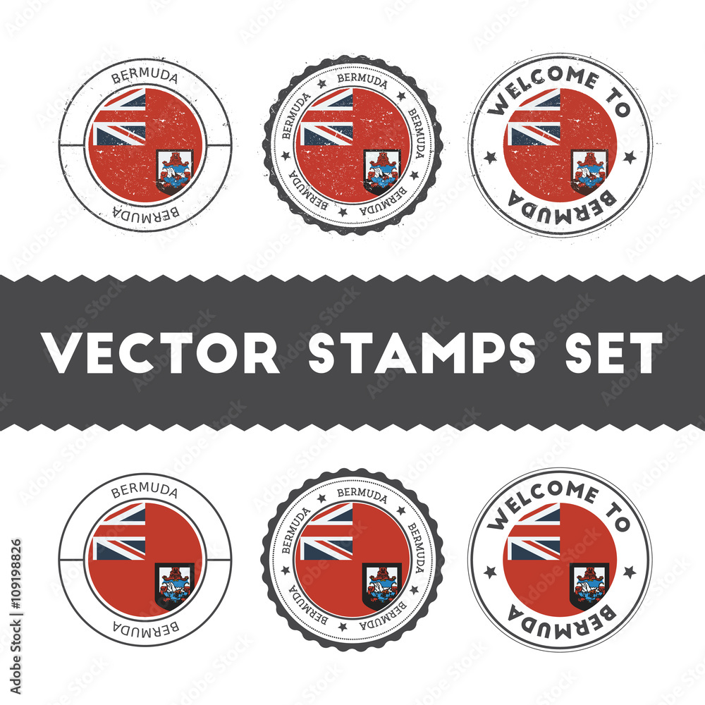 Bermudian flag rubber stamps set. National flags grunge stamps. Country round badges collection.