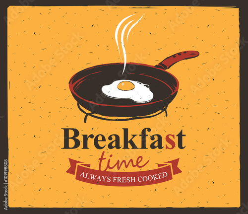 Vector banner for breakfast time with a frying pan and fried eggs