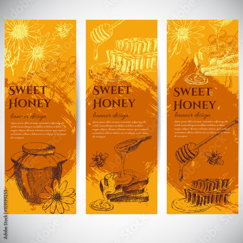 vector honey banner design. hand drawn jar, spoon, stick, cells, camomile. ink sketch of organic nature products