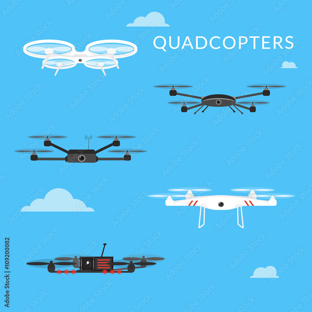 Set of five different quadcopters flying in the sky. Flat illustration of black and white drones 