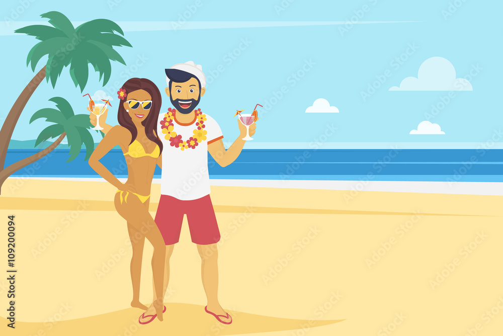 Happy young man enjoying and drinking cocktails with his tanned girlfriend on the beach with palm trees. Landscape illustration in flat modern style of summer vacation and traveling 