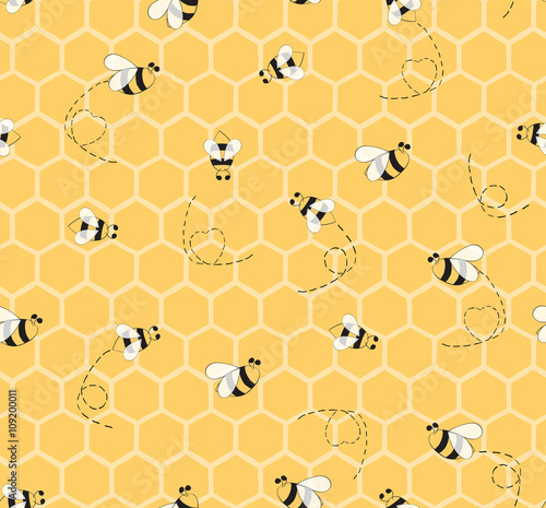 Fototapeta Naklejka Na Ścianę i Meble -  Seamless yellow pattern with bees and honeycombs background for baby textile design.