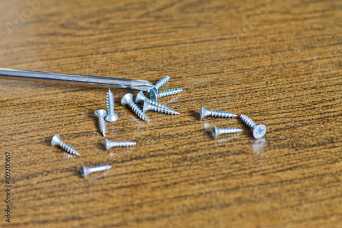 screws and screwdriver on a wooden background