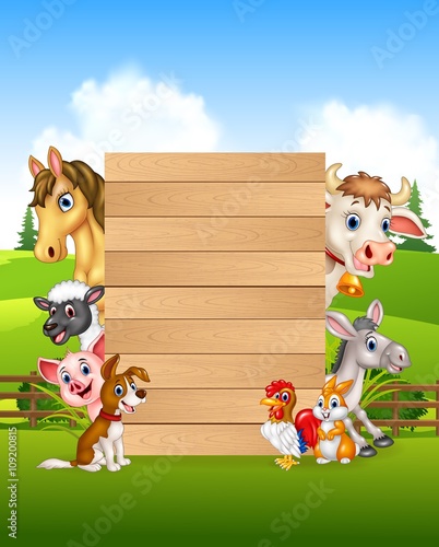 Cartoon farm animals holding wooden sign