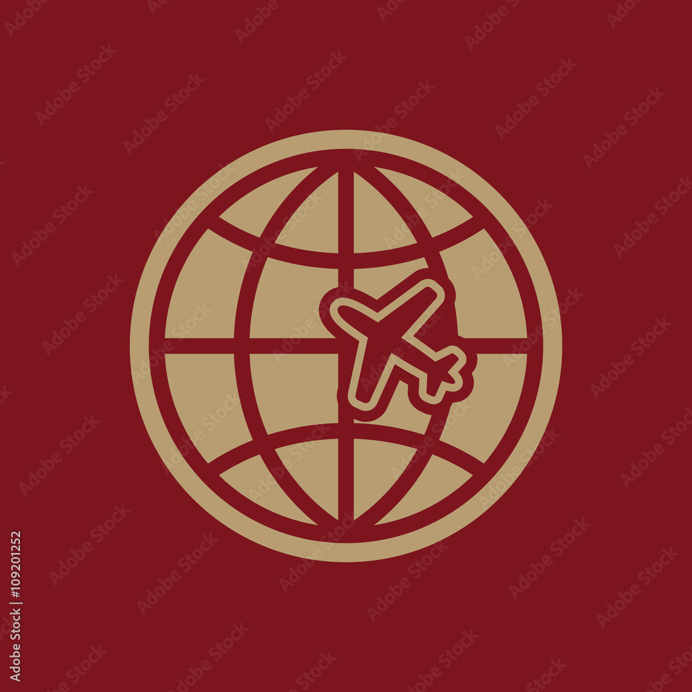 The Globe and plane travel icon. Shipping symbol. Flat The Globe and plane travel icon. Shipping symbol. Flat