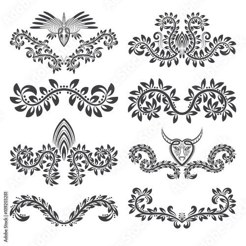 Design ornamental elements and labels set. Floral tattoo in vintage baroque style. Vintage page ornate decorations.