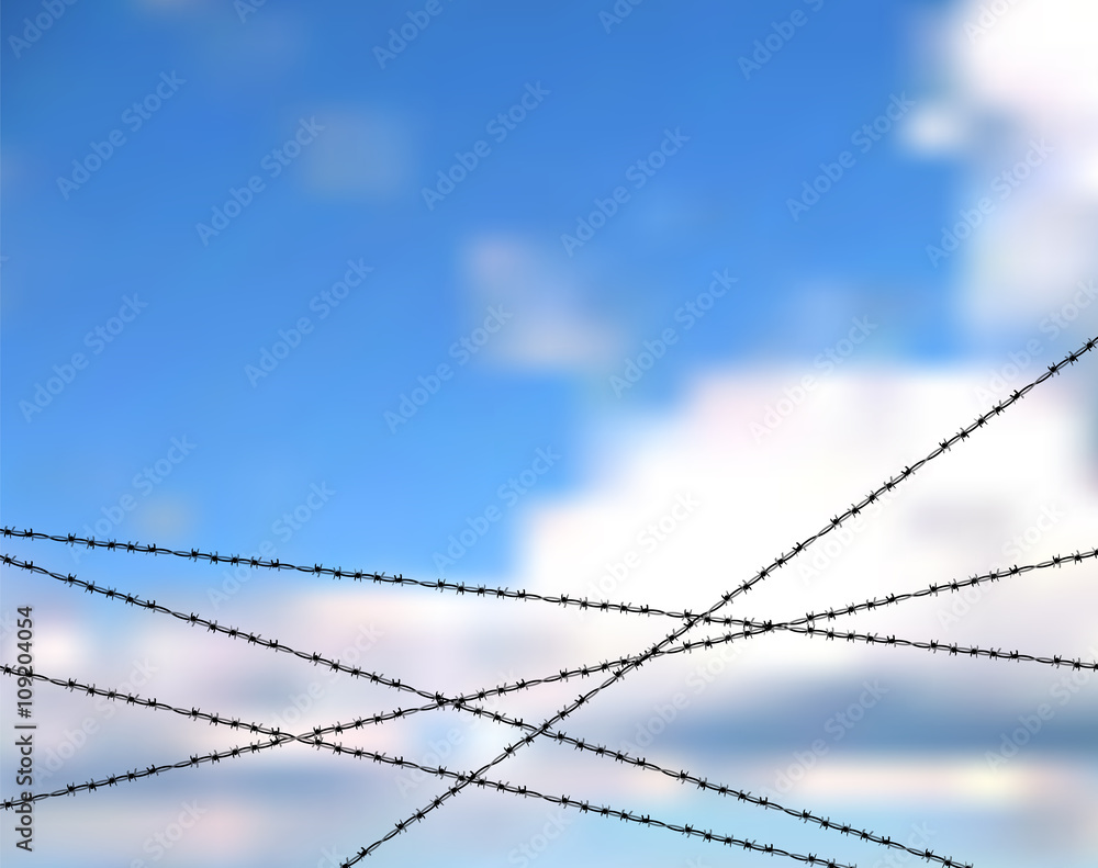 Barbed wire against blue sky. Protection or security vector concept. Sky bounded by barbed wire. The lack of freedom behind barbed wire. Metallic fence for barrier or property protection against sky Barbed wire against blue sky. Protection or security vector concept. Sky bounded by barbed wire. The lack of freedom behind barbed wire. Metallic fence for barrier or property protection against sky