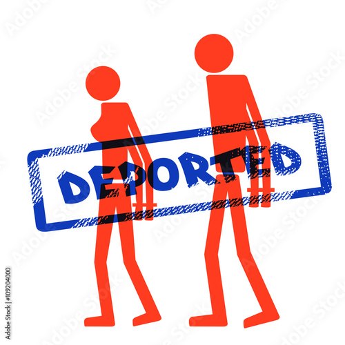 Abstract silhouette icon of man and woman. Man and woman handcuffed. Symbol deportation, deprivation of freedom of movement, exile. The print, stamp "deported"