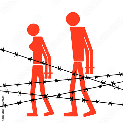 Abstract silhouette icon of man and woman. Man and woman are handcuffed behind barbed wire. Symbol deportation, deprivation of freedom of movement, exile.