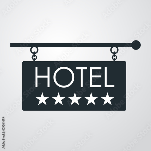 Icono plano cartel HOTEL con cinco estrellas en fondo degradado