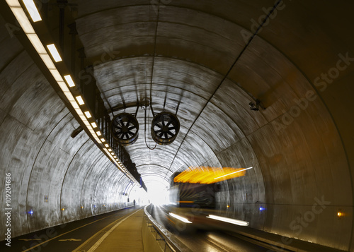 Cyclist in Tunnel de la Croix-Rousse, a new tunnel for public transports, cyclist and pedestrians in Lyon, France.