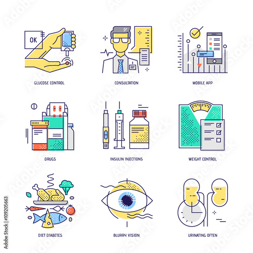 Modern thin line icons set of diabetes live. Premium quality outline signs collection. Stock vector illustration in flat design.