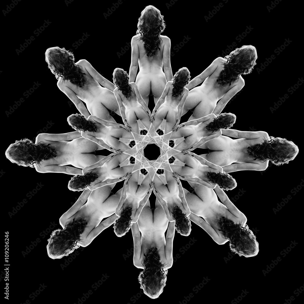 B&W multiple image kaleidoscope of nude woman, rear view against black  background Stock Photo | Adobe Stock