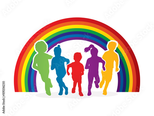 Group of children running , Front view designed on line rainbows background graphic vector.