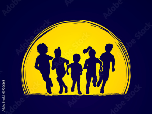 Group of children running , Front view designed on moonlight background graphic vector.
