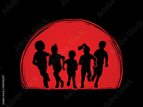 Group of children running , Front view designed on sunrise background graphic vector.