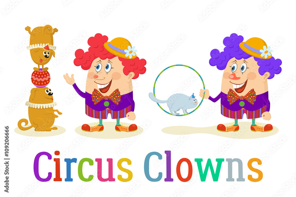 Obraz premium Set of Cheerful Kind Circus Clowns in Colorful Clothes with Trained Animals, Dogs and Cat, Holiday Illustration, Funny Cartoon Characters, Isolated on White Background. Vector